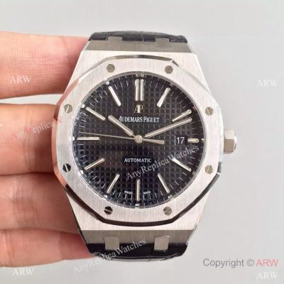 Replica JF Audemars Piguet Royal Oak Ss Black Leather Bracelet - AAA Grade Replica Watches Sale